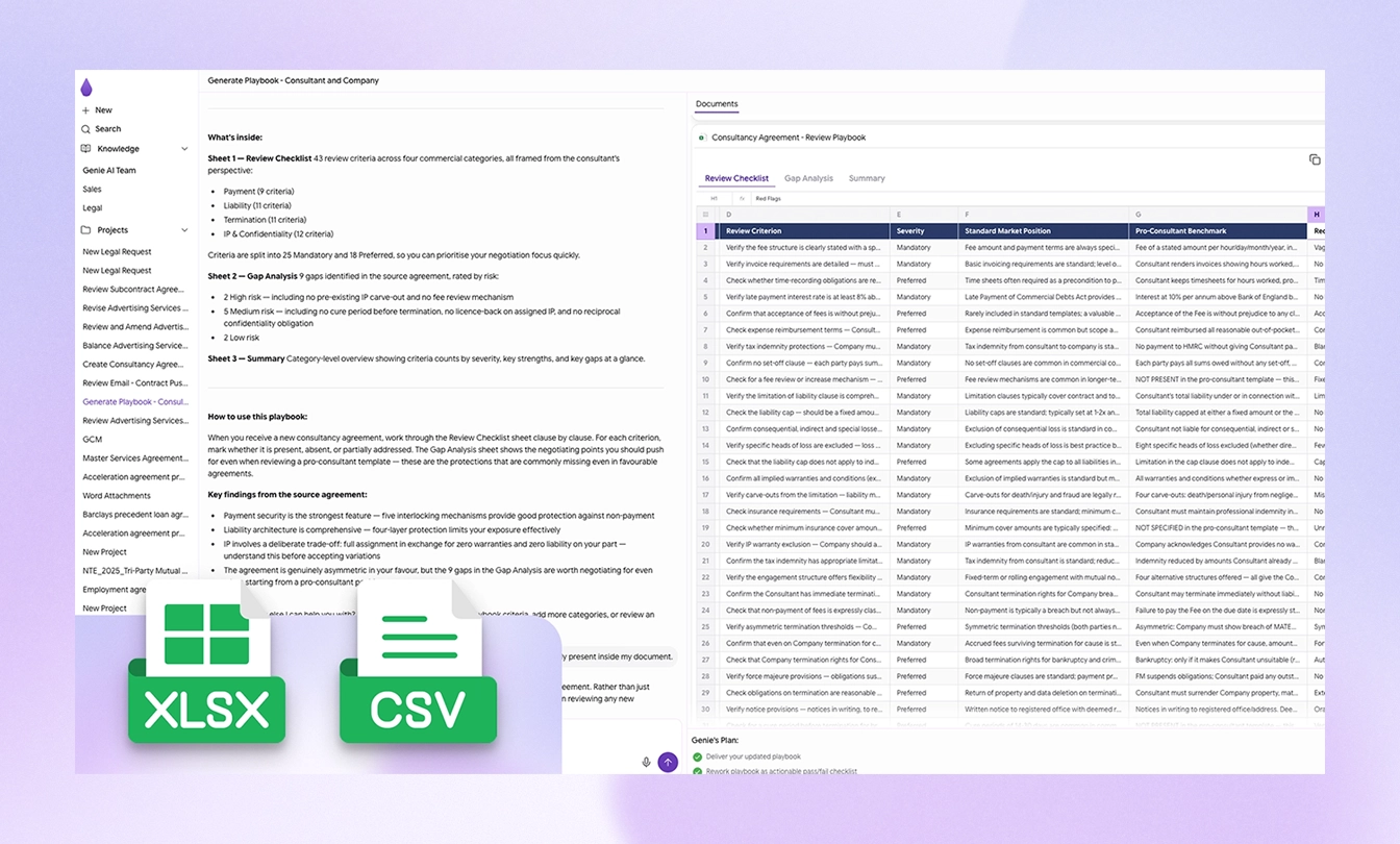 Spreadsheet opened inside Agentic Legal Workflows, showing sheet tabs and resizable columns